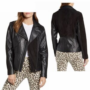 NWT BERNARDO Suede Detail Leather Moto Jacket Zipped Lined in Black‎